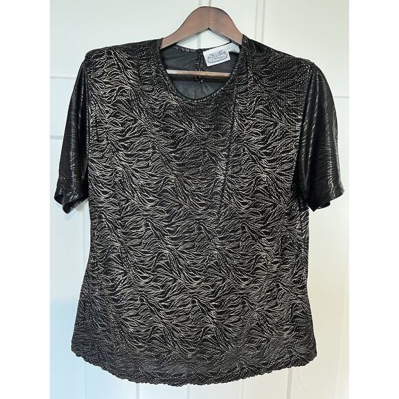 The Villager Tops - Vintage The Villager Women's Blouse Large Art Deco Party Black Metallic